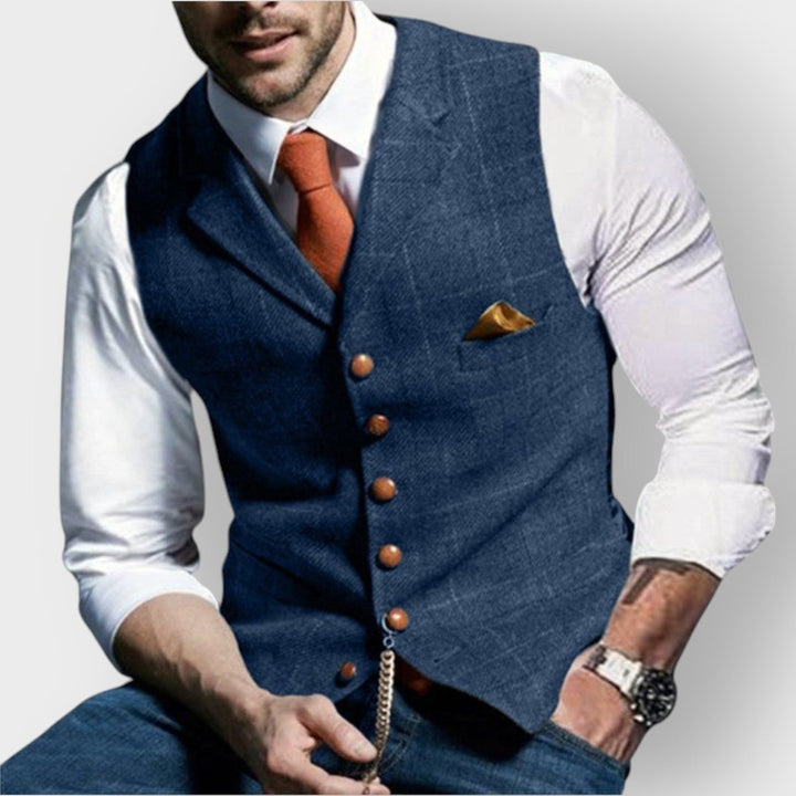 Herren Mens Gilet elegante Tweed-Weste mit Knopfleiste - Blau