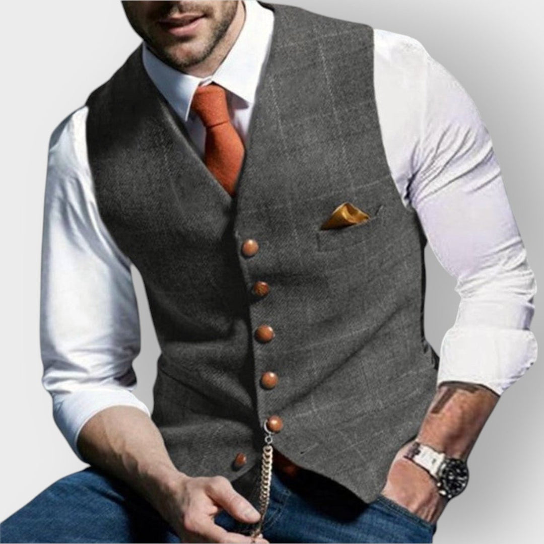 Herren Mens Gilet elegante Tweed-Weste mit Knopfleiste - Hellgrau