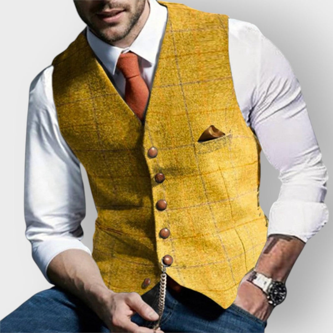 Herren Mens Gilet elegante Tweed-Weste mit Knopfleiste - Gelb