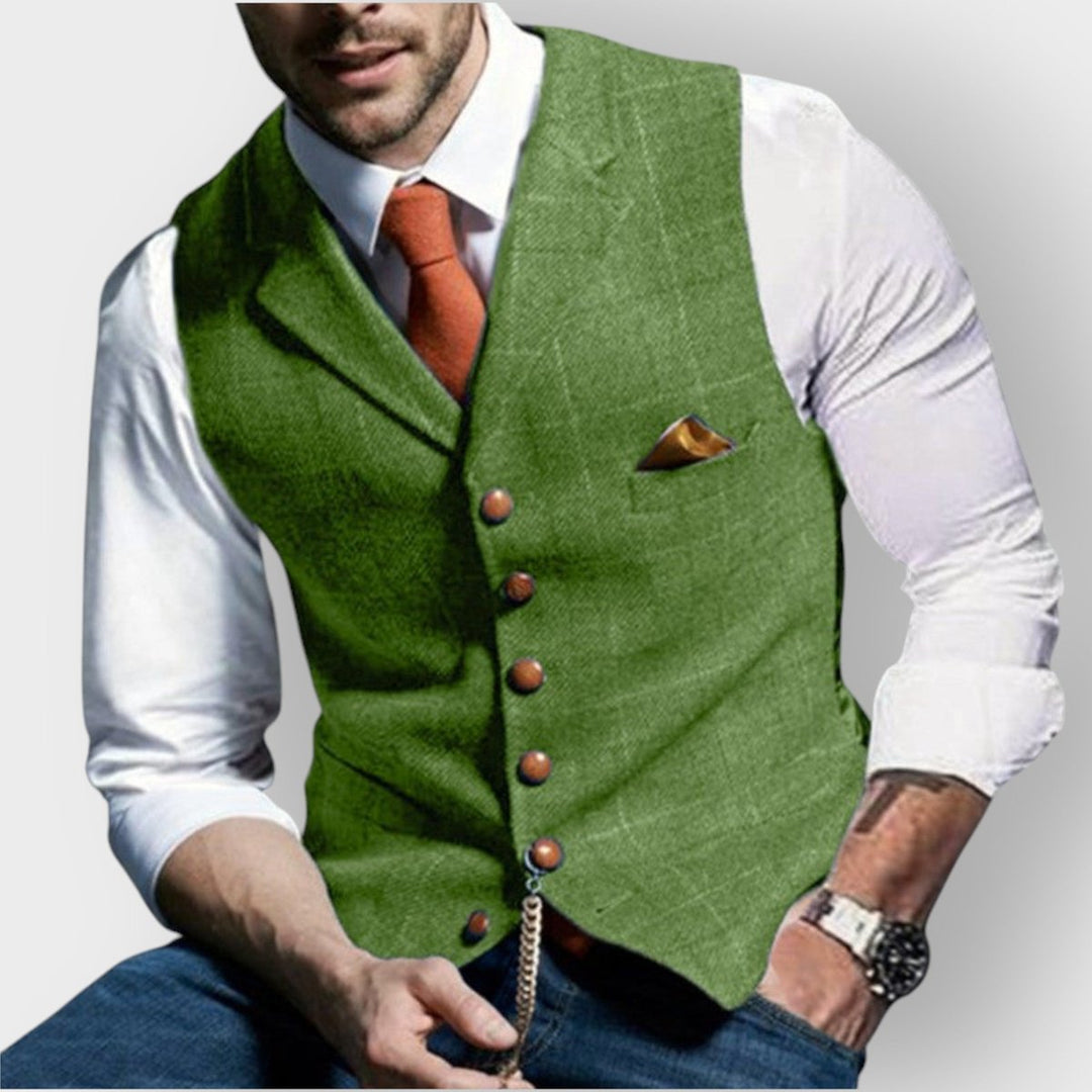 Herren Mens Gilet elegante Tweed-Weste mit Knopfleiste - Grün