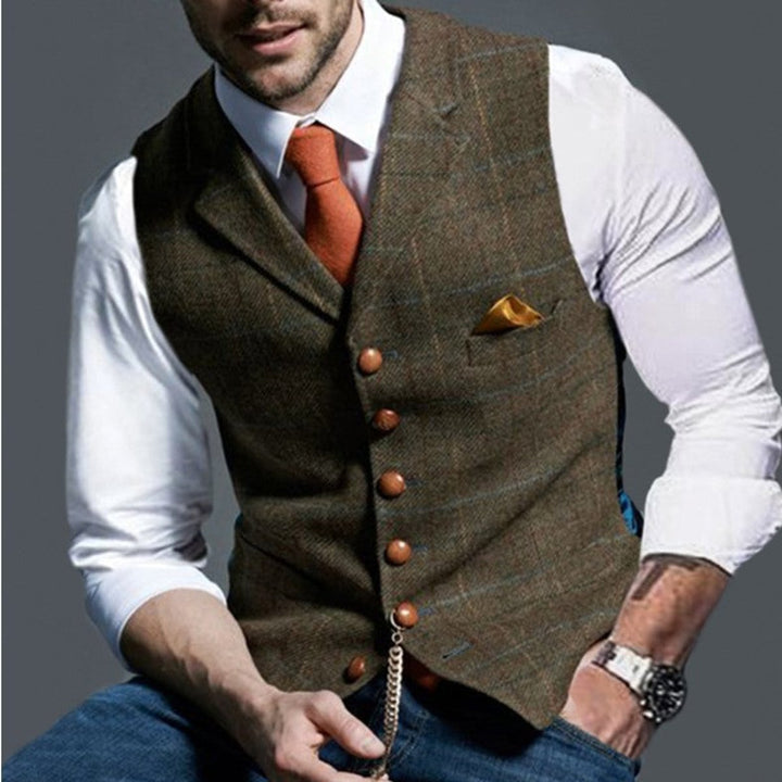 Herren Mens Gilet elegante Tweed-Weste mit Knopfleiste - Braun