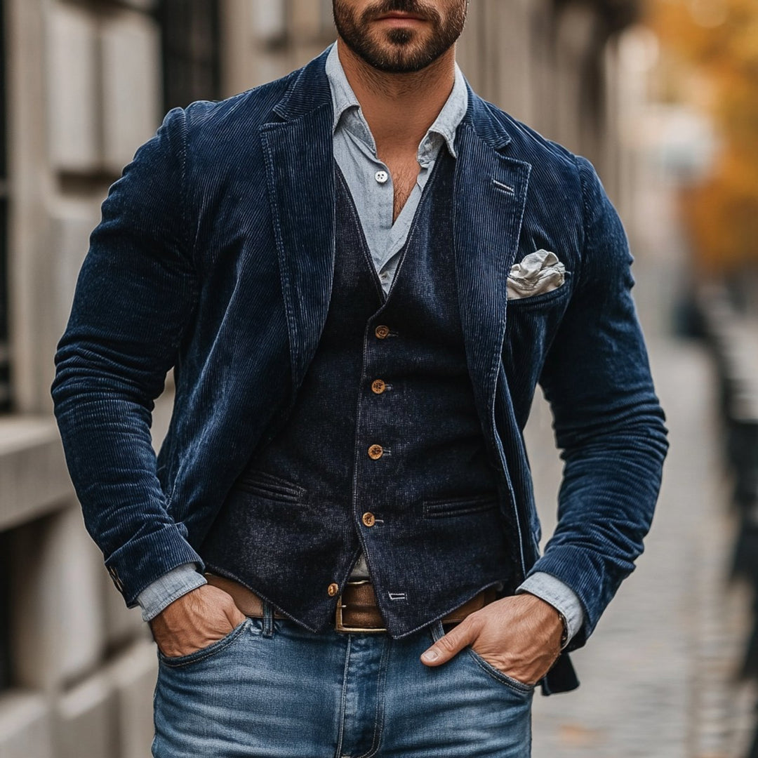 Herren Mens Gilet Vintage Cord-Blazer Set Herbst Winter - Dunkelblau