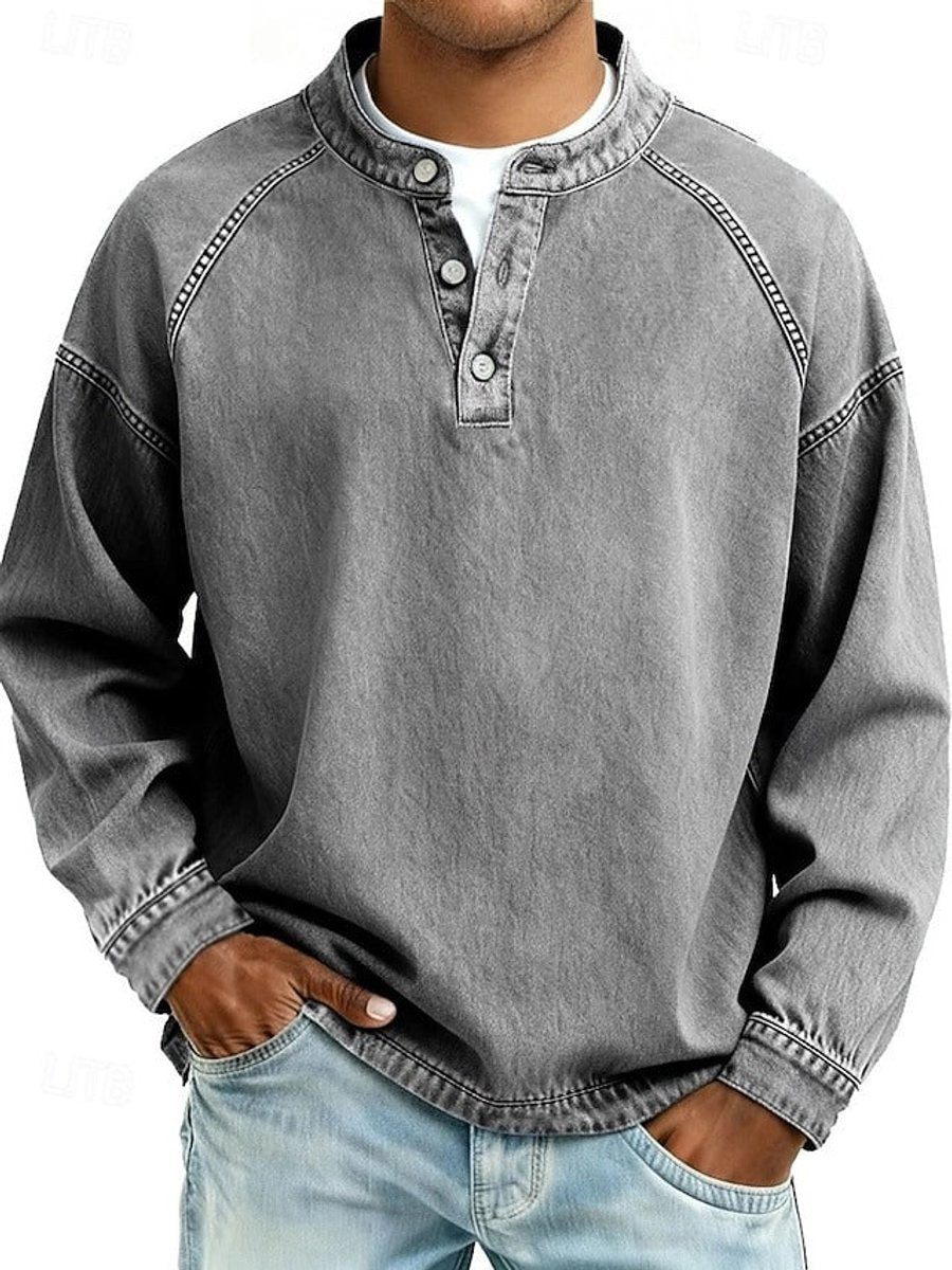 Herren Mens Knit Sweater Retro Henley Langarm Pullover Used-Look - Grau