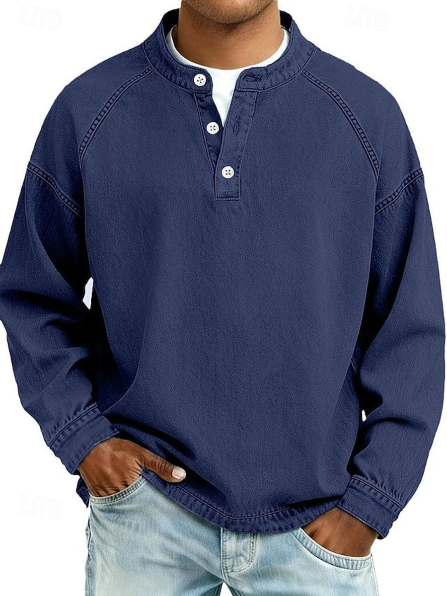 Herren Mens Knit Sweater Retro Henley Langarm Pullover Used-Look - Königsblau