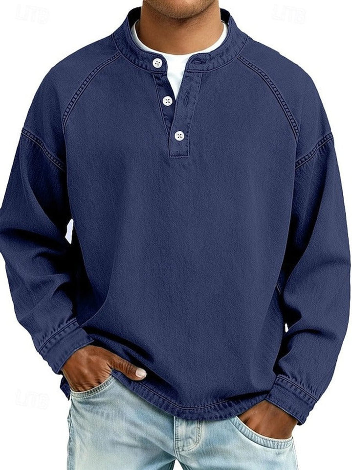 Herren Mens Knit Sweater Retro Henley Langarm Pullover Used-Look - Königsblau