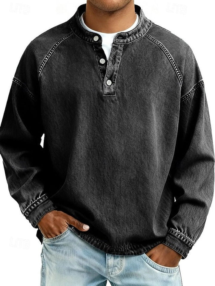 Herren Mens Knit Sweater Retro Henley Langarm Pullover Used-Look - Schwarz
