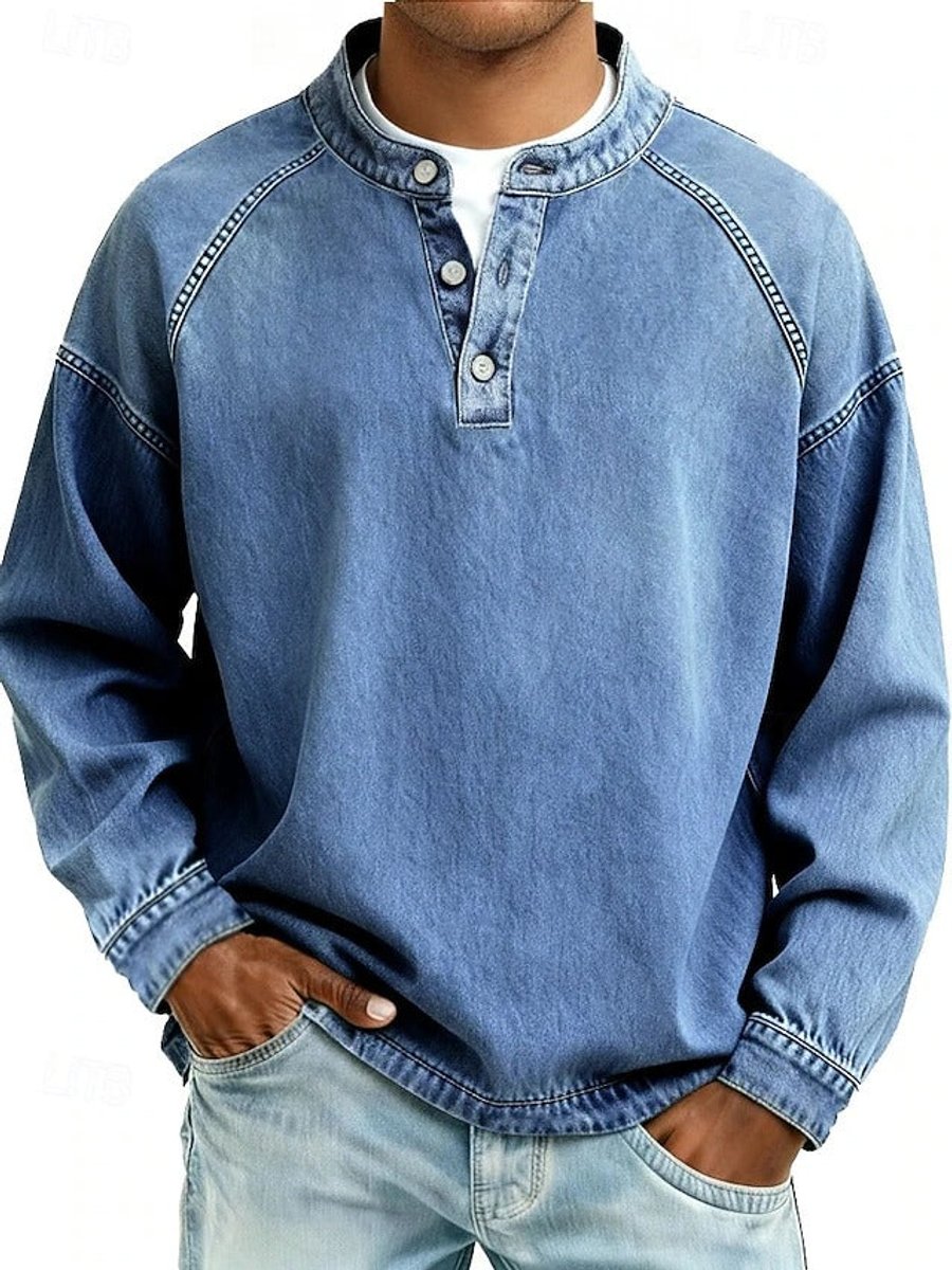 Herren Mens Knit Sweater Retro Henley Langarm Pullover Used-Look - Hellblau