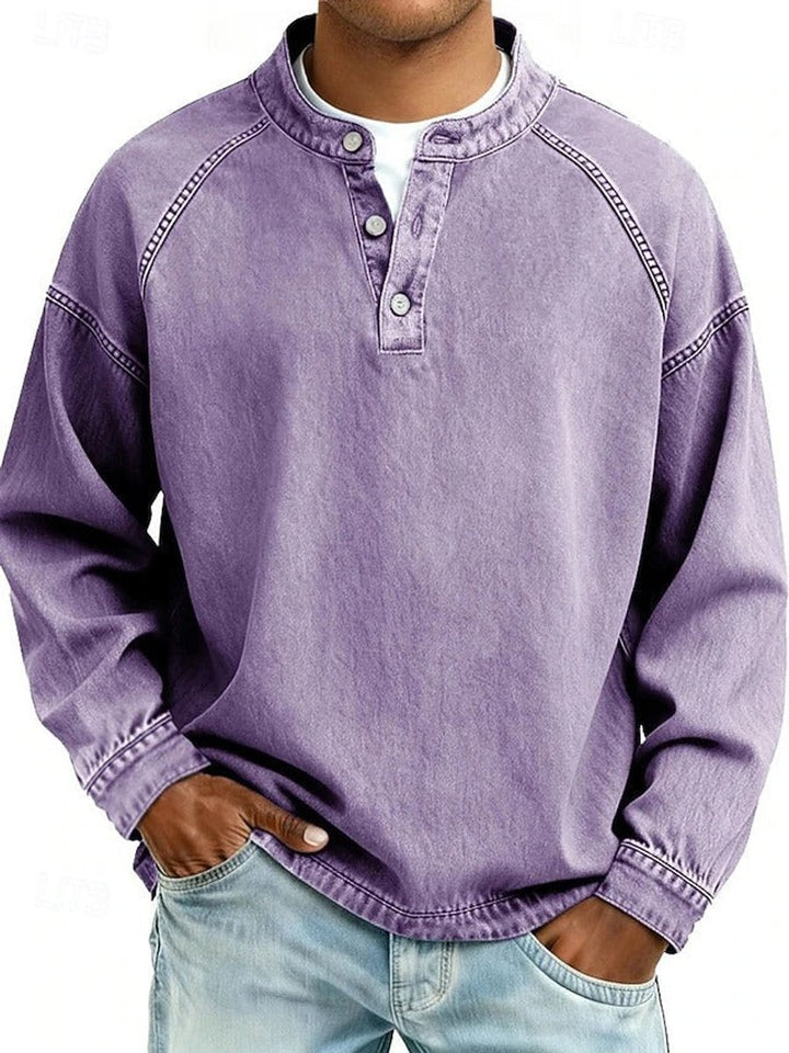 Herren Mens Knit Sweater Retro Henley Langarm Pullover Used-Look - Lila