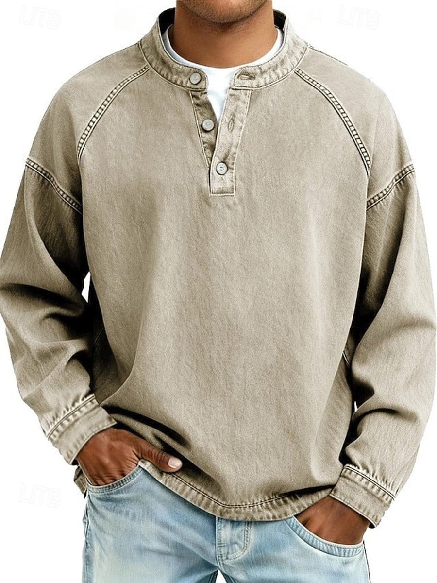 Herren Mens Knit Sweater Retro Henley Langarm Pullover Used-Look - Khaki