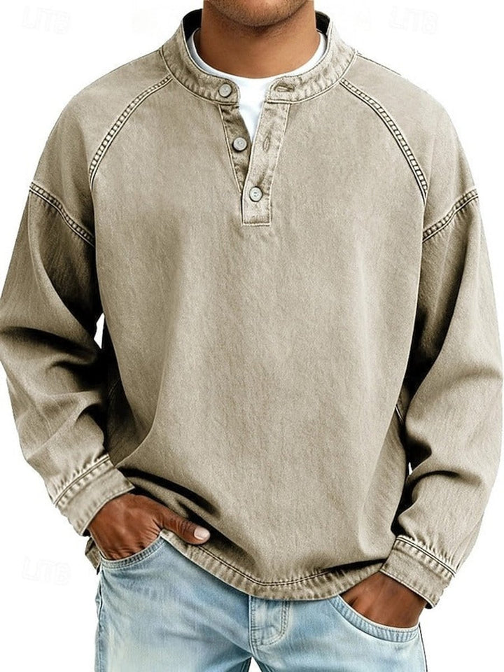 Herren Mens Knit Sweater Retro Henley Langarm Pullover Used-Look - Khaki