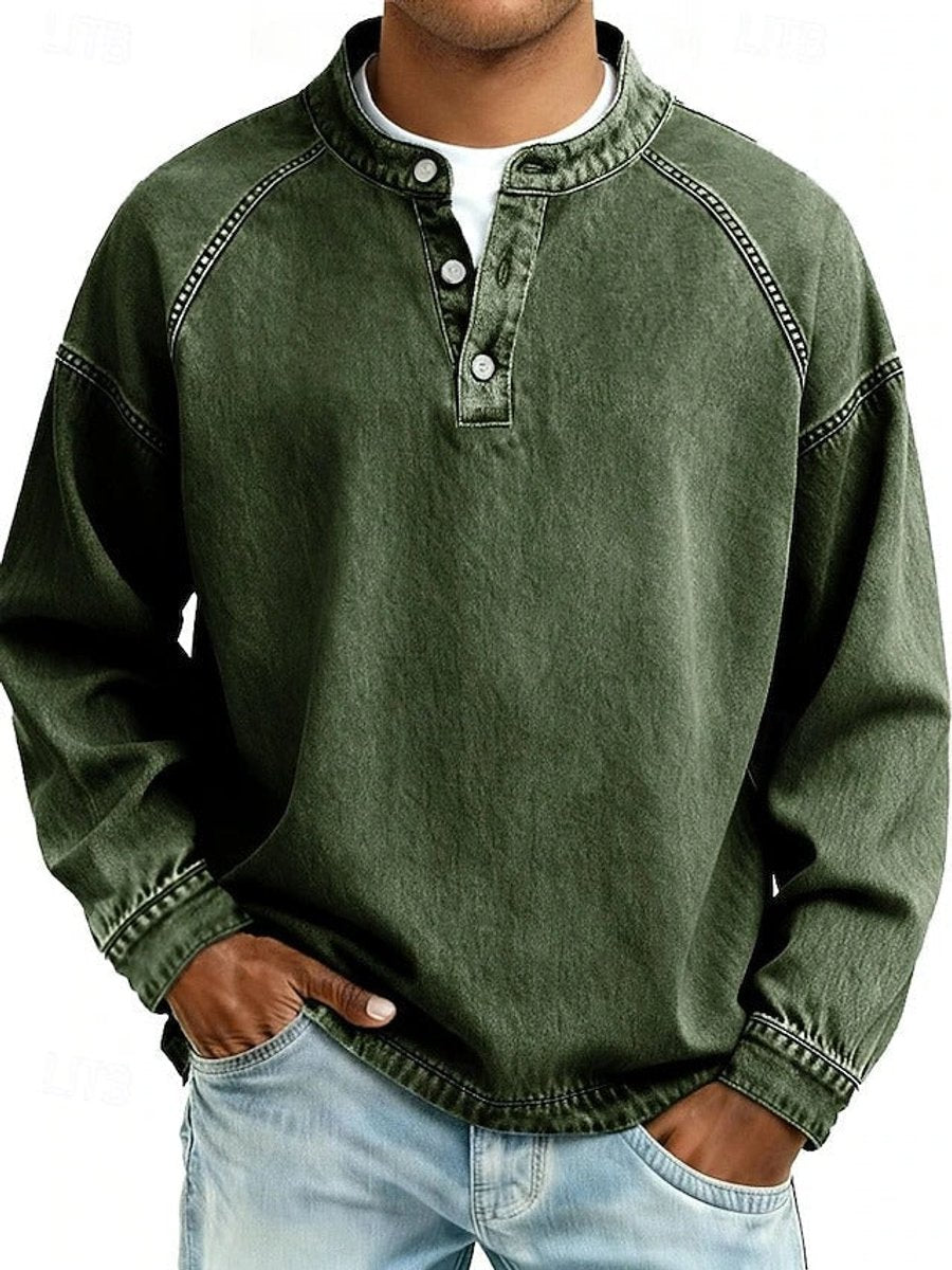 Herren Mens Knit Sweater Retro Henley Langarm Pullover Used-Look - Dunkelgrün