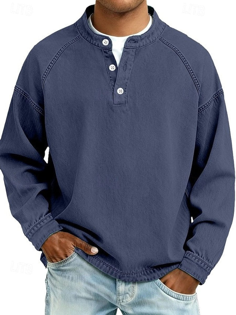 Herren Mens Knit Sweater Retro Henley Langarm Pullover Used-Look - Dunkelblau