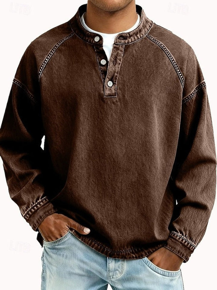 Herren Mens Knit Sweater Retro Henley Langarm Pullover Used-Look - Braun