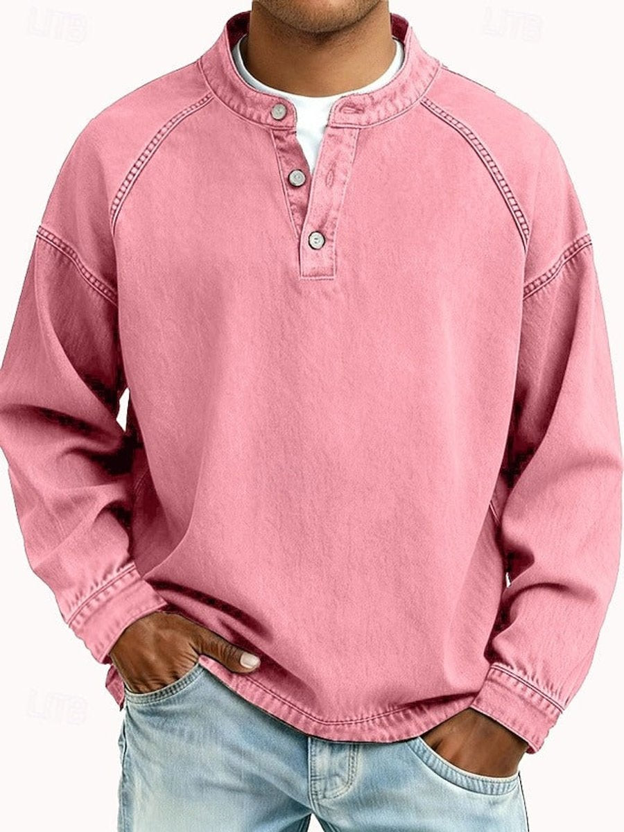 Herren Mens Knit Sweater Retro Henley Langarm Pullover Used-Look - Pink