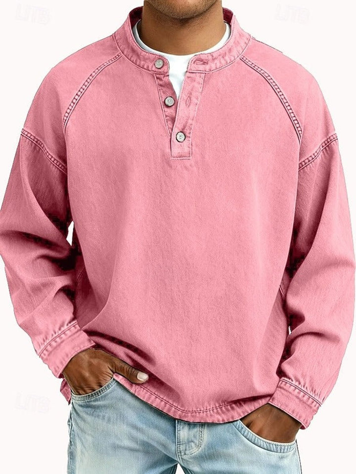 Herren Mens Knit Sweater Retro Henley Langarm Pullover Used-Look - Pink