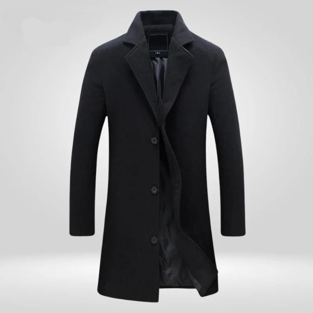 Herren Mens Wool Coat Eleganter Einreiher Wintermantel - Schwarz