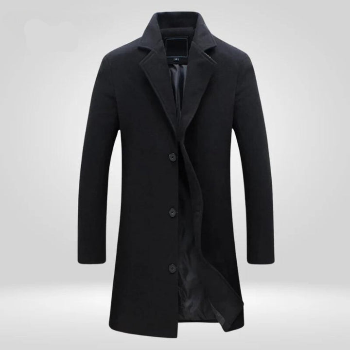 Herren Mens Wool Coat Eleganter Einreiher Wintermantel - Schwarz