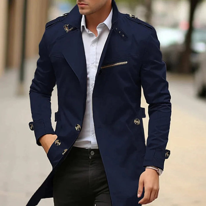 Herren Mens Wool Coat Eleganter Slim-Fit Trenchcoat - Dunkelblau