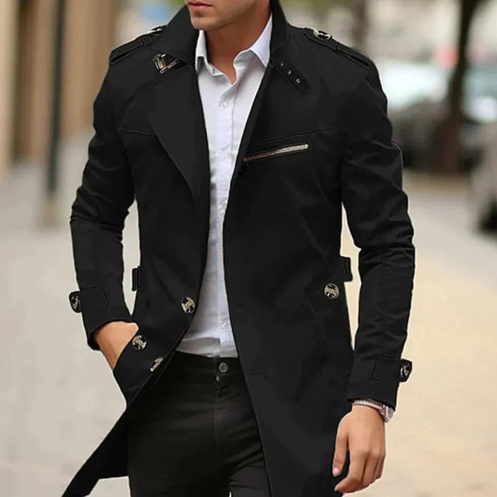 Herren Mens Wool Coat Eleganter Slim-Fit Trenchcoat - Schwarz