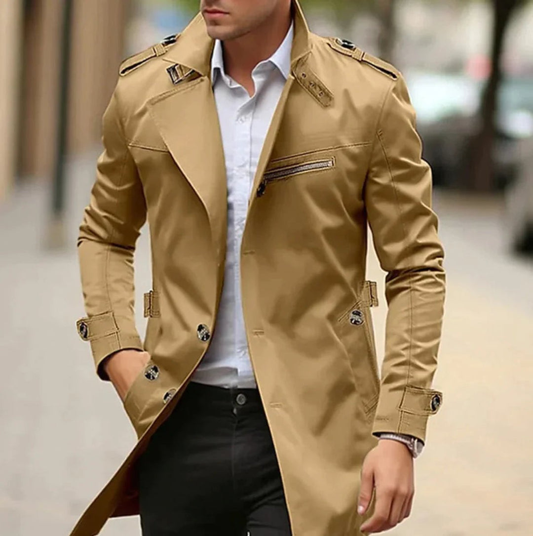 Herren Mens Wool Coat Eleganter Slim-Fit Trenchcoat - Dunkelbeige