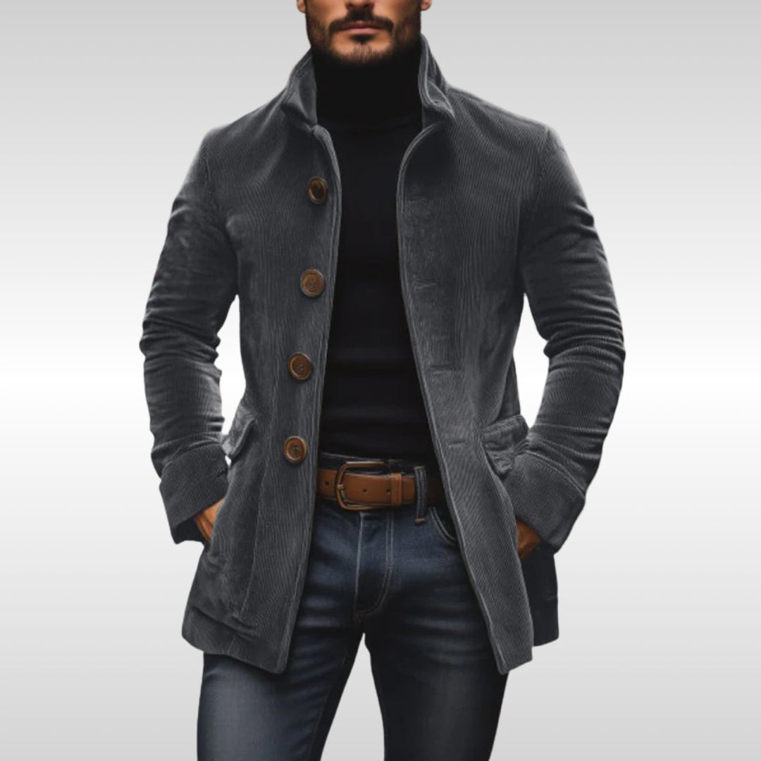 Herren Mens Wool Coat Slim-Fit Cord Winterjacke mit Knöpfen - Grau