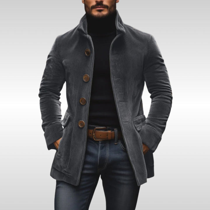 Herren Mens Wool Coat Slim-Fit Cord Winterjacke mit Knöpfen - Grau