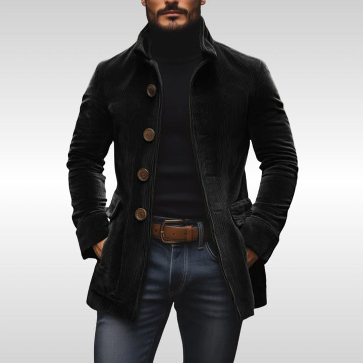 Herren Mens Wool Coat Slim-Fit Cord Winterjacke mit Knöpfen - Schwarz