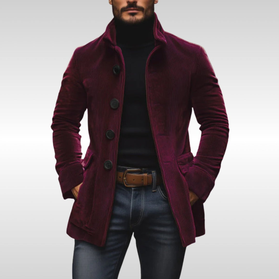 Herren Mens Wool Coat Slim-Fit Cord Winterjacke mit Knöpfen - Weinrot