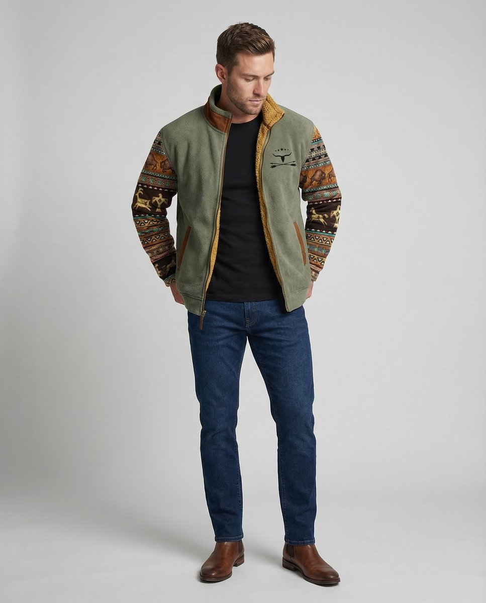 Herren Merino-Fleece Western-Bomberjacke mit Sherpa-Kragen