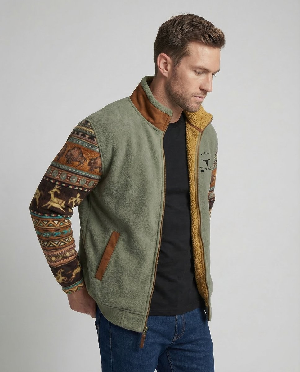 Herren Merino-Fleece Western-Bomberjacke mit Sherpa-Kragen