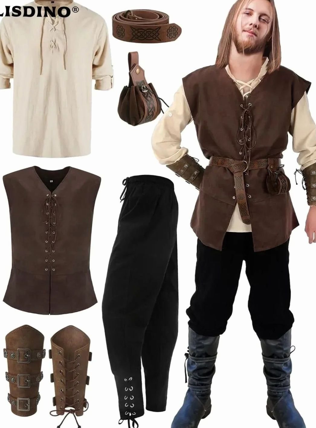 Herren Mittelalter Kostüm Set Schnür-Hemd Weste Hose Accessoires