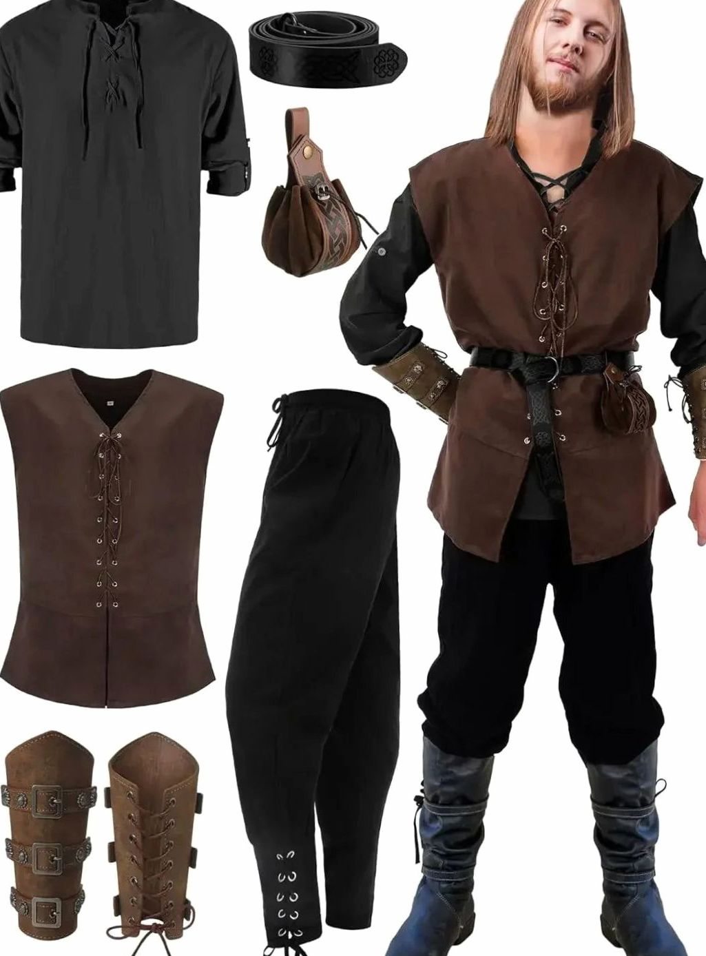 Herren Mittelalter Kostüm Set Schnür-Hemd Weste Hose Accessoires - Schwarz-Schwarz