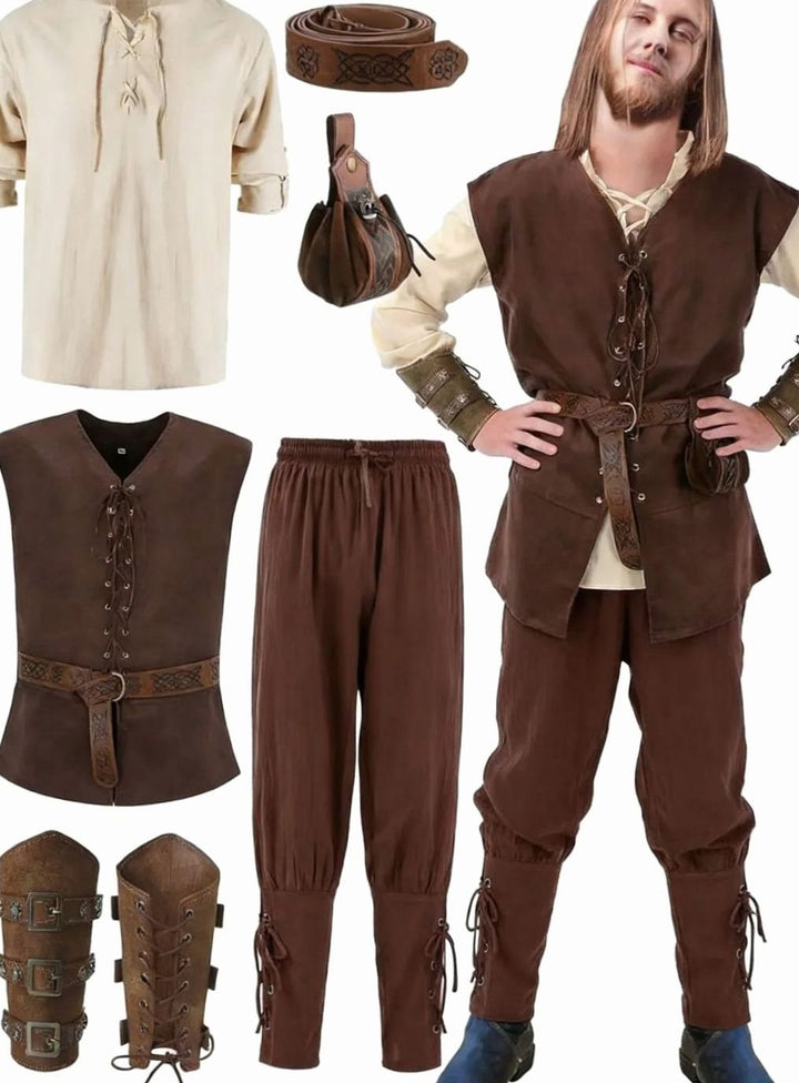 Herren Mittelalter Kostüm Set Schnür-Hemd Weste Hose Accessoires - Beige-Braun