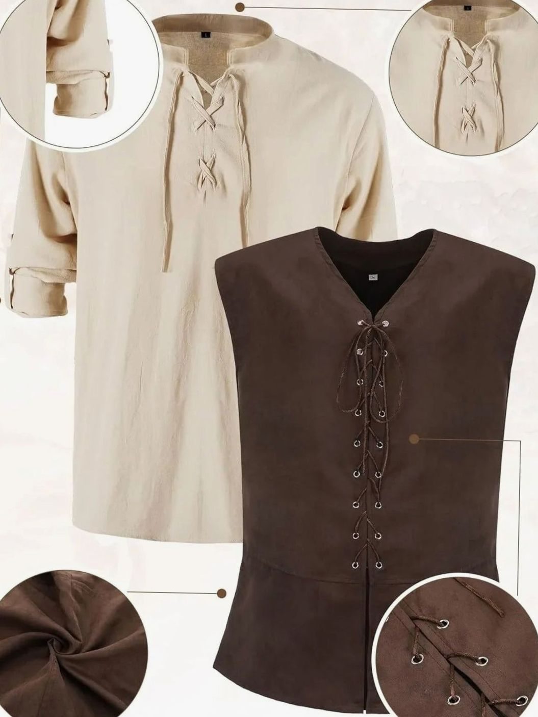 Herren Mittelalter Kostüm Set Schnür-Hemd Weste Hose Accessoires