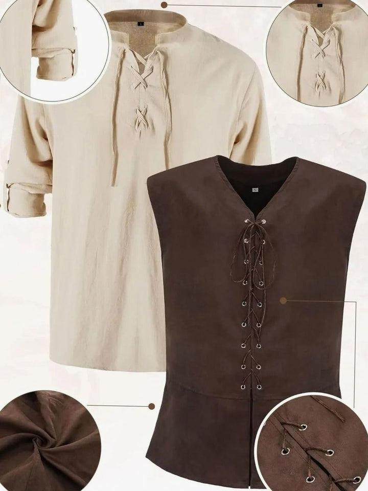 Herren Mittelalter Kostüm Set Schnür-Hemd Weste Hose Accessoires