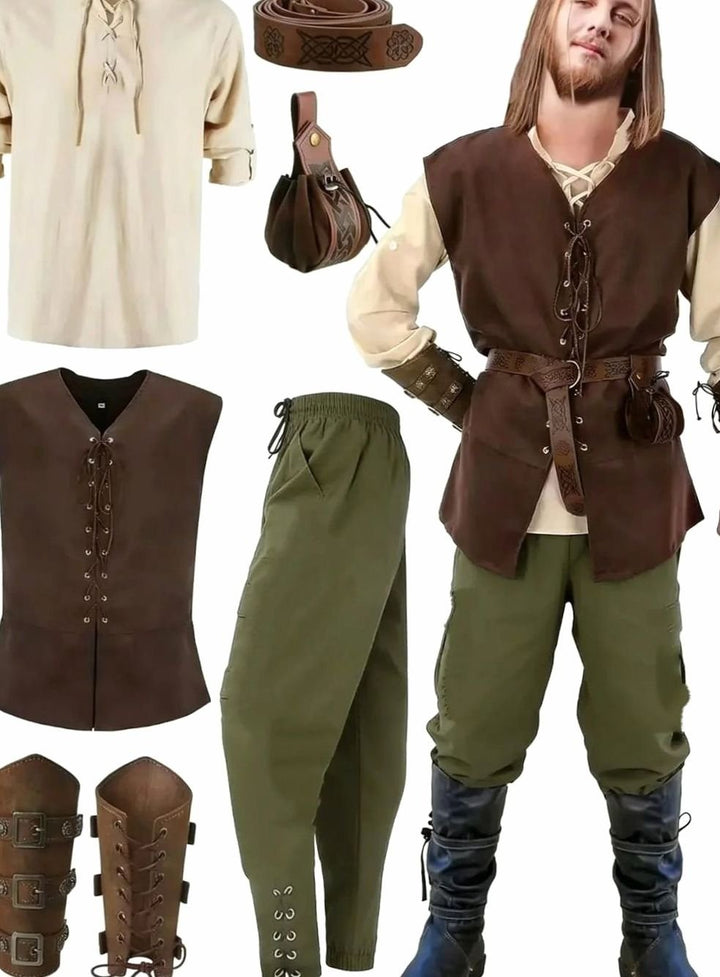 Herren Mittelalter Kostüm Set Schnür-Hemd Weste Hose Accessoires - Beige-Grün
