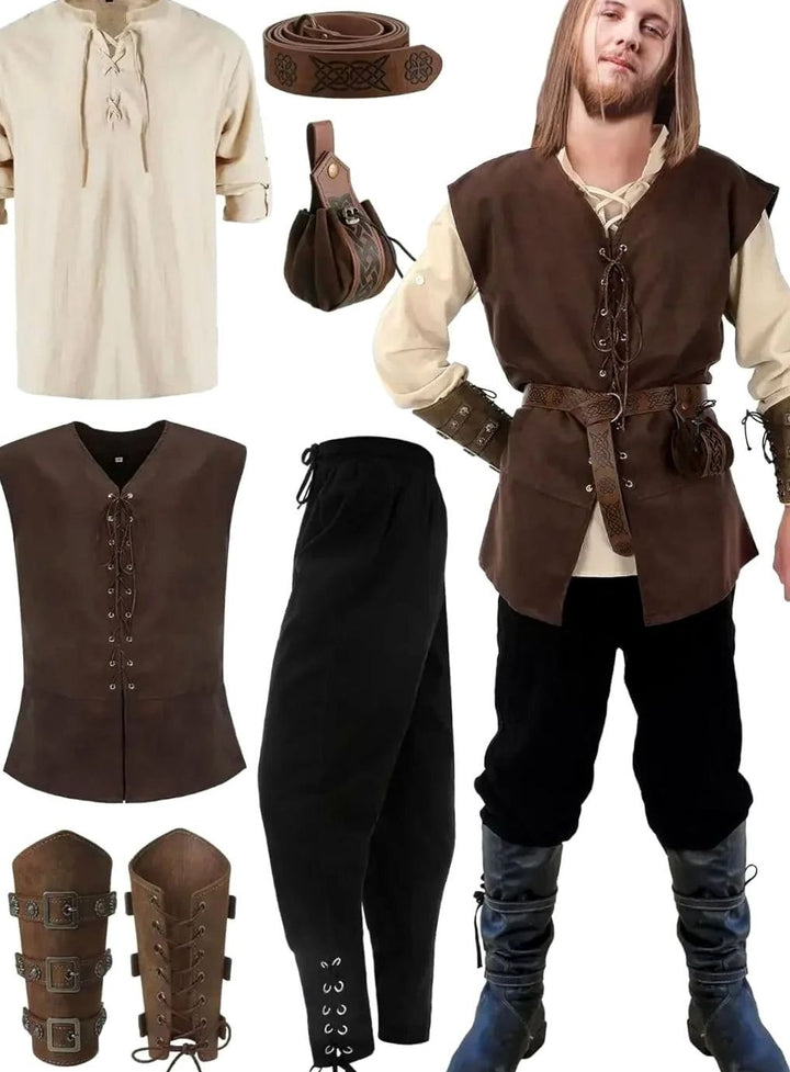 Herren Mittelalter Kostüm Set Schnür-Hemd Weste Hose Accessoires - Beige-Schwarz