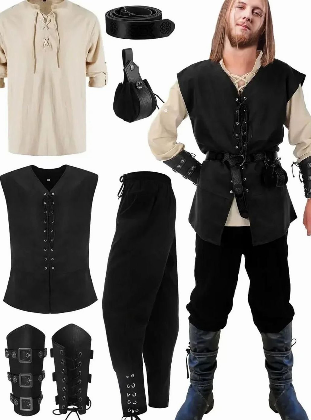Herren Mittelalter Kostüm Set Schnür-Hemd Weste Hose Accessoires - Beige-Schwarz-Weste