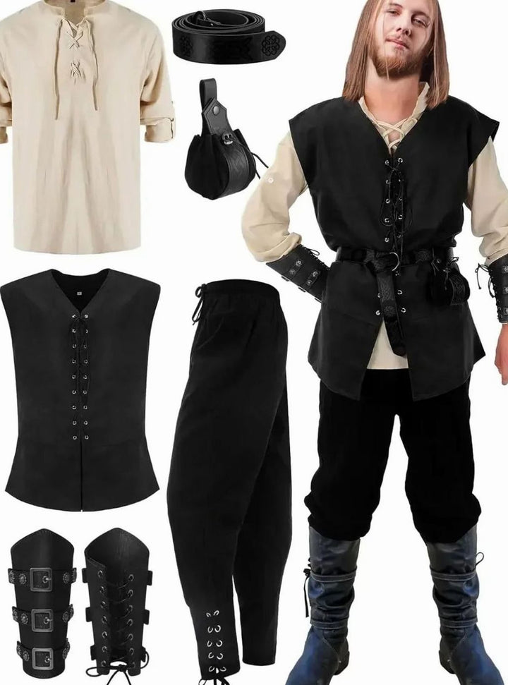 Herren Mittelalter Kostüm Set Schnür-Hemd Weste Hose Accessoires - Beige-Schwarz-Weste