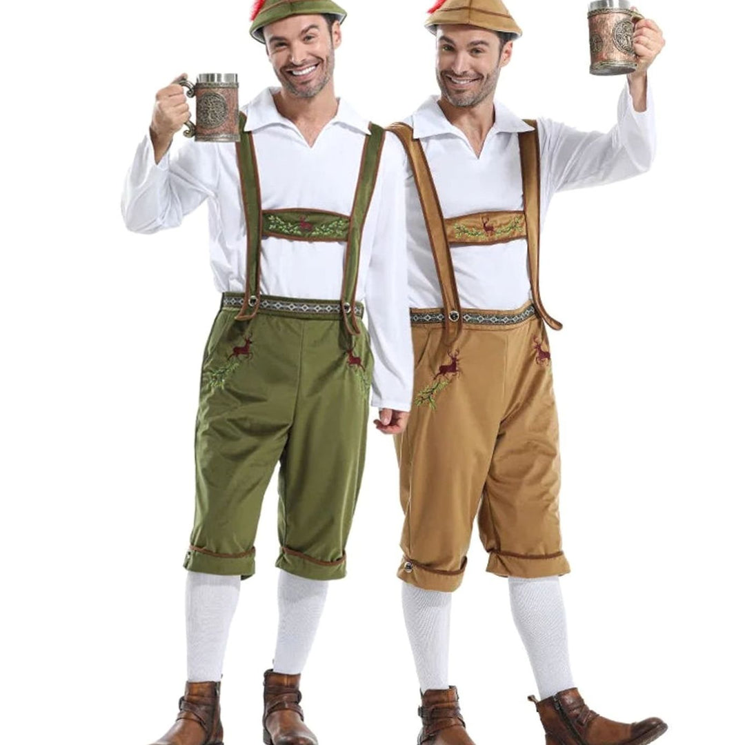 Herren Oktoberfest Kostüm Lederhose Träger Hemd Hut Set