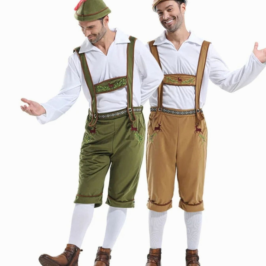 Herren Oktoberfest Kostüm Lederhose Träger Hemd Hut Set