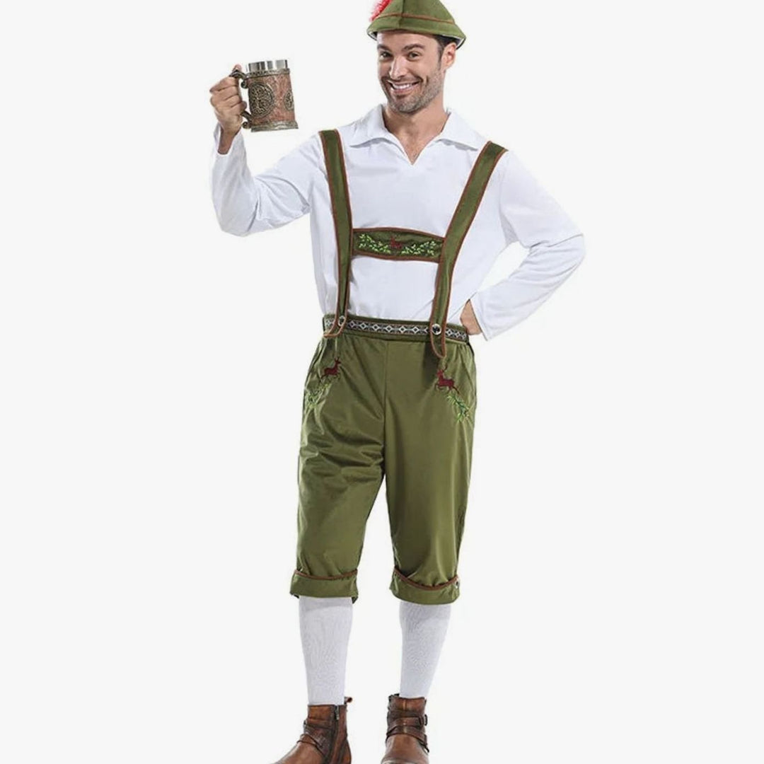 Herren Oktoberfest Kostüm Lederhose Träger Hemd Hut Set - Grün