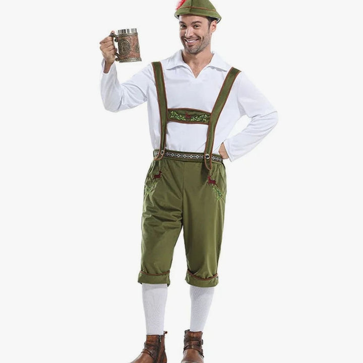 Herren Oktoberfest Kostüm Lederhose Träger Hemd Hut Set - Grün