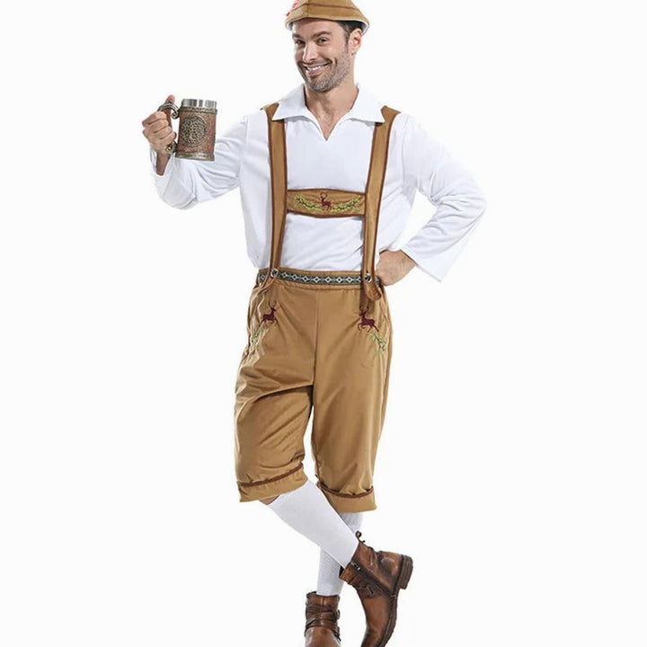 Herren Oktoberfest Kostüm Lederhose Träger Hemd Hut Set - Braun