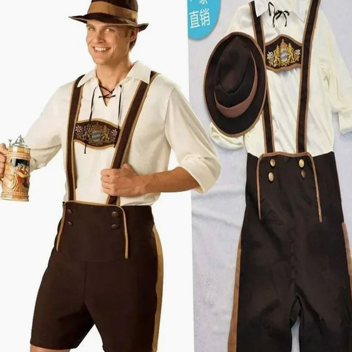 Herren Oktoberfest Kostüm Lederhosen-Look mit Lederhosenträgern Braun und Hut