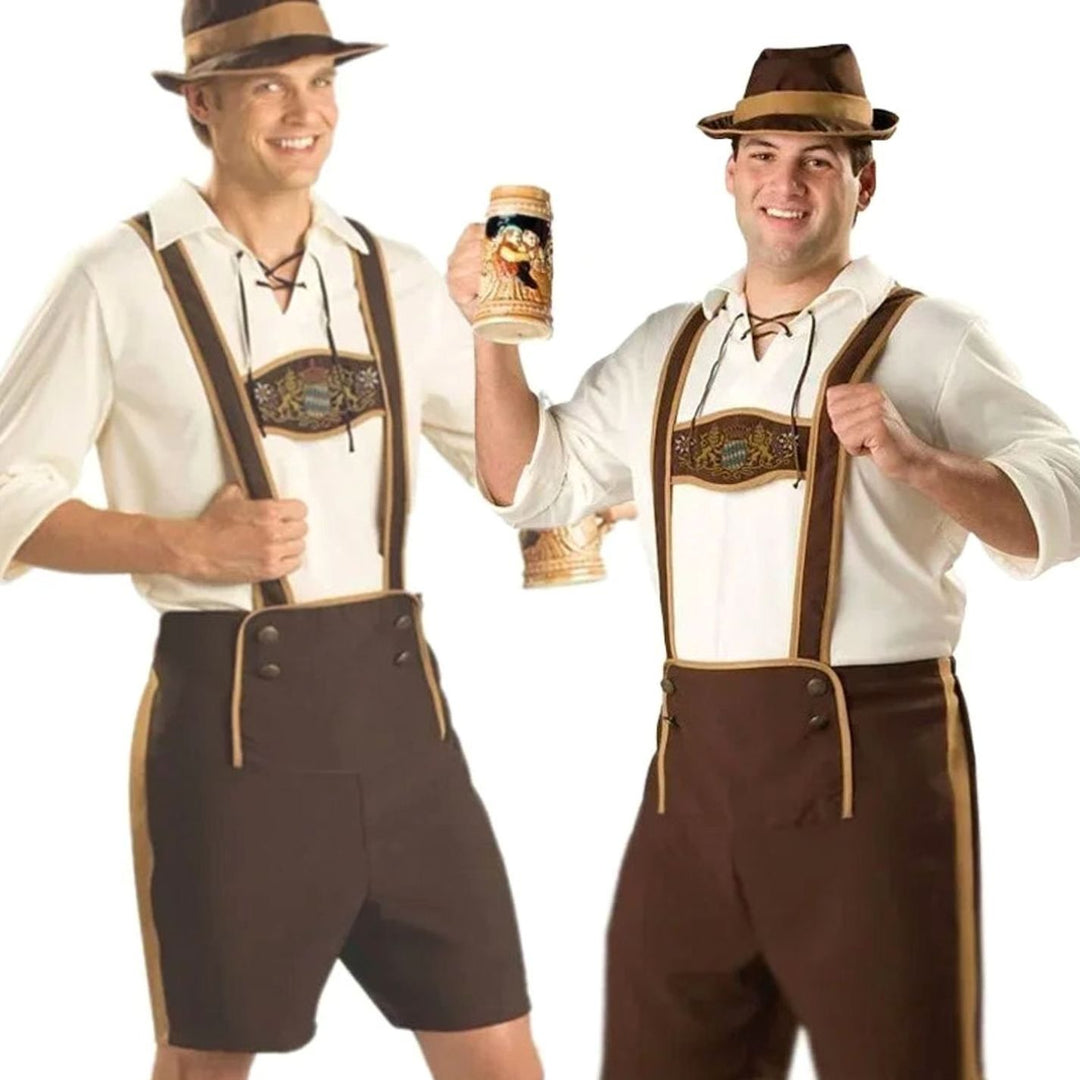 Herren Oktoberfest Kostüm Lederhosen-Look mit Lederhosenträgern Braun und Hut