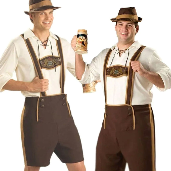 Herren Oktoberfest Kostüm Lederhosen-Look mit Lederhosenträgern Braun und Hut