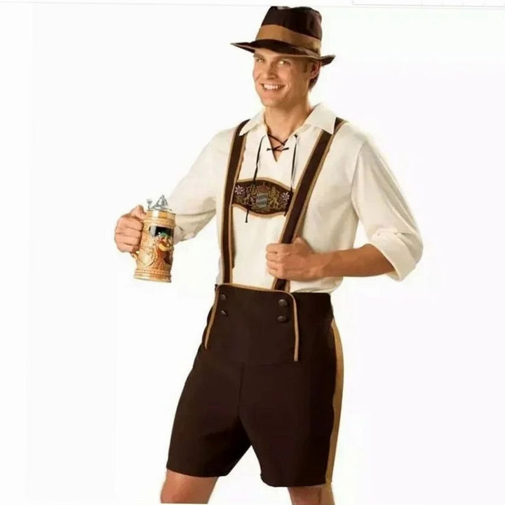 Herren Oktoberfest Kostüm Lederhosen-Look mit Lederhosenträgern Braun und Hut