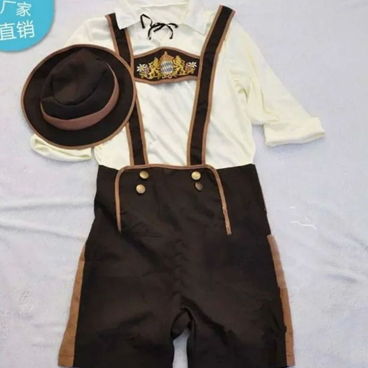 Herren Oktoberfest Kostüm Lederhosen-Look mit Lederhosenträgern Braun und Hut