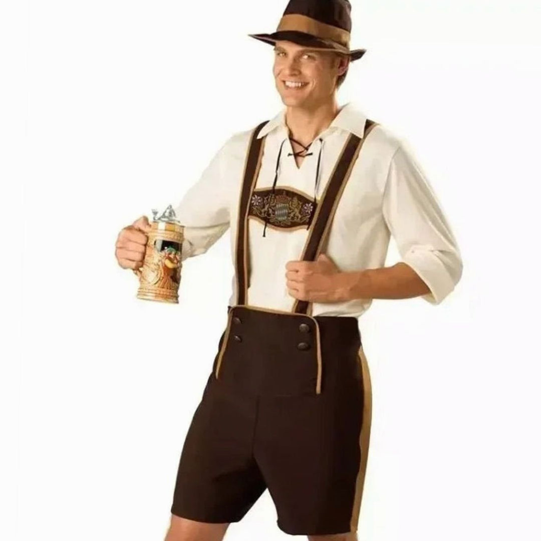 Herren Oktoberfest Kostüm Lederhosen-Look mit Lederhosenträgern Braun und Hut